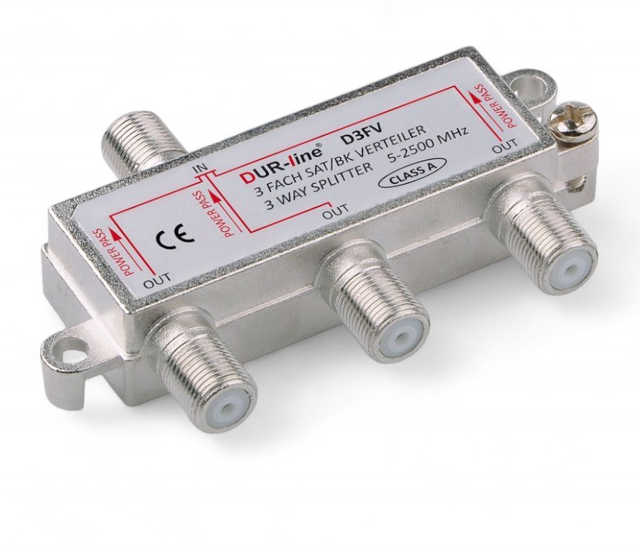 DUR-line SAT & BK-Verteiler - Class A - 3-Fach Splitter - voll geschirmt - Verteiler 3-fach Unicable & HD tauglich DUR-line D3FV - für Satelliten-Anlagen(DVB-S2) - BK - UKW Radio - DC-Durchlass - TV Antennen Fernseh Verteiler