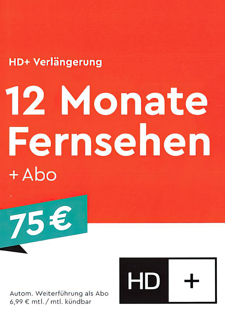 HD+ PLUS Verlängerung per E-Mail - 12 Monate verlängern | 24/7 Service | + Abo: ab 13 Monat mit Abo weiter (6.99 € mtl. / mtl. kündbar) PIN-Code Zusendung per E-Mail passend für alle HD+ Karten HD+ TV-Keys und alle aktuellen Geräte wo HD+ bereits fest drin integriert ist