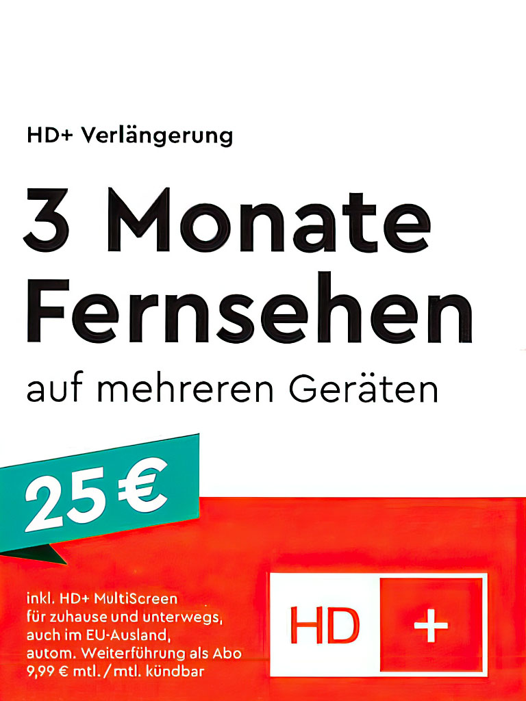 HD+ PLUS Verlängerung Multiscreen per E-Mail - 3 Monate verlängern | 24/7 Service | + Abo: ab 4 Monat mit Abo weiter (9.99 € mtl. / mtl. kündbar) PIN-Code Zusendung per E-Mail passend für alle HD+ Karten HD+ TV-Keys und alle aktuellen Geräte wo HD+ bereits fest drin integriert ist