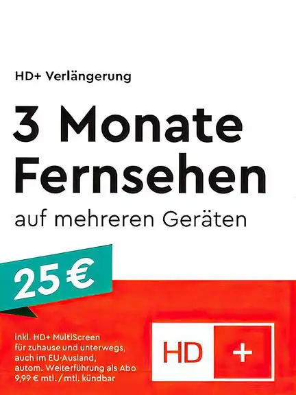 11111HD+ PLUS Verlängerung Multiscreen per E-Mail - 3 Monate verlängern | 24/7 Service | + Abo: ab 4 Monat mit Abo weiter (9.99 € mtl. / mtl. kündbar) PIN-Code Zusendung per E-Mail passend für alle HD+ Karten HD+ TV-Keys und alle aktuellen Geräte wo HD+ bereits fest drin integriert ist